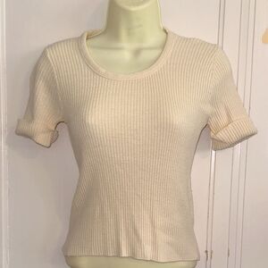 Vintage 70s/80s Cream Ribbed Knit Round Neck Short Sleeve‎ Sweater